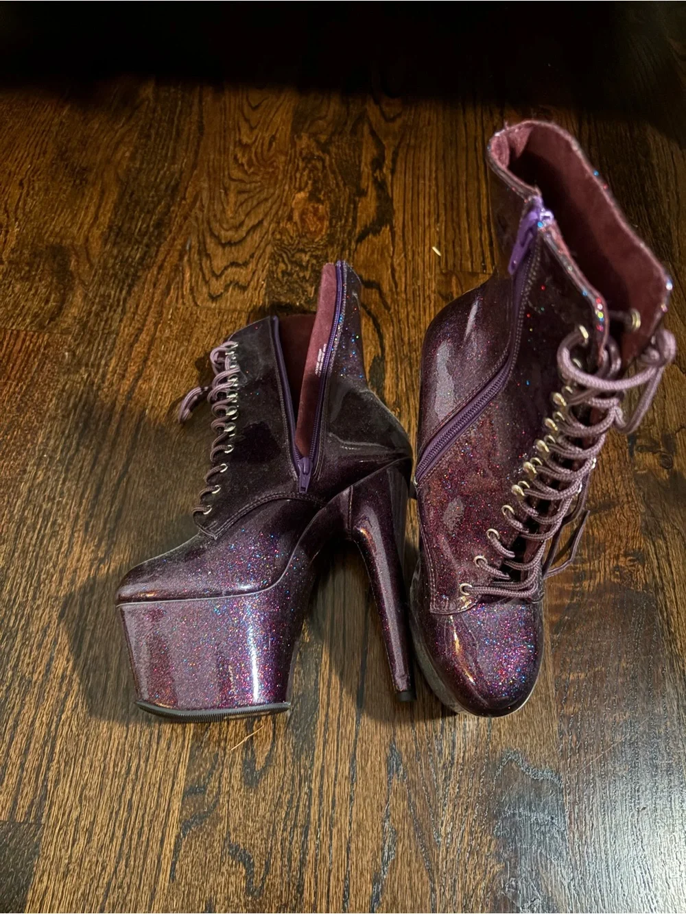 Pleaser Iridescent Purple Glitter Platform Lace-Up Boots